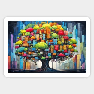 Tree Civilization Concept Abstract Colorful Scenery Painting Sticker